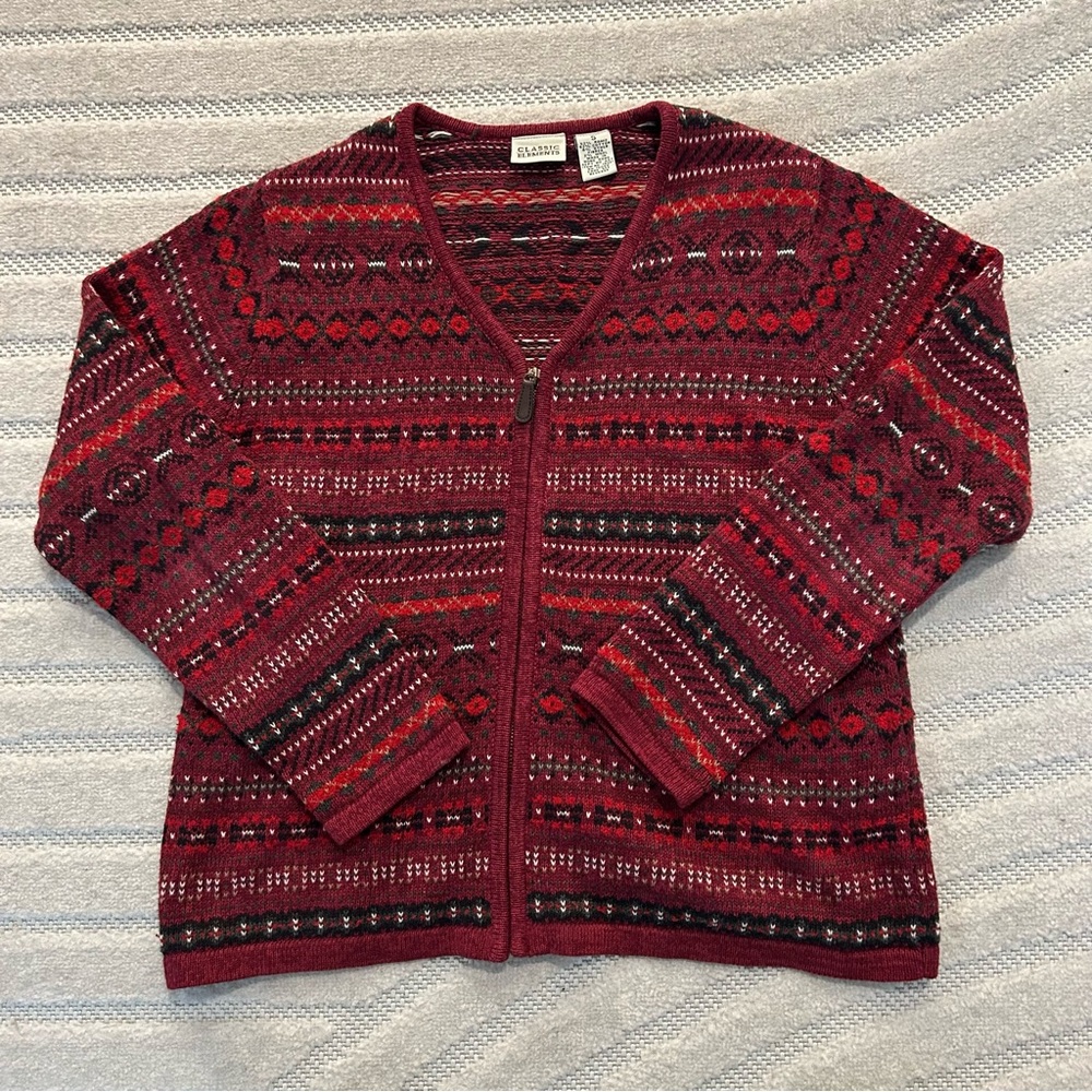 Vintage Classic Elements Red Fair Isle Zip-up Cardigan Sweater - S